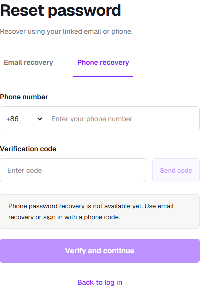 Live phone recovery page showing the unavailable notice and disabled buttons
