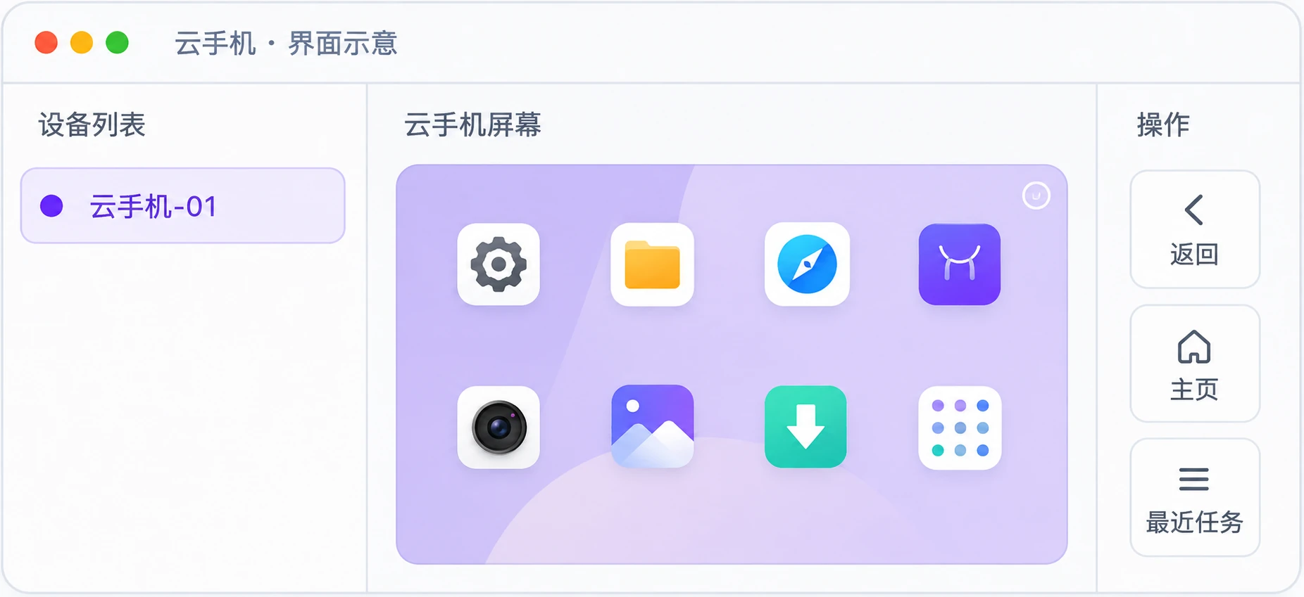云手机操作界面示意:Android 画面及返回、主页、最近任务操作栏。