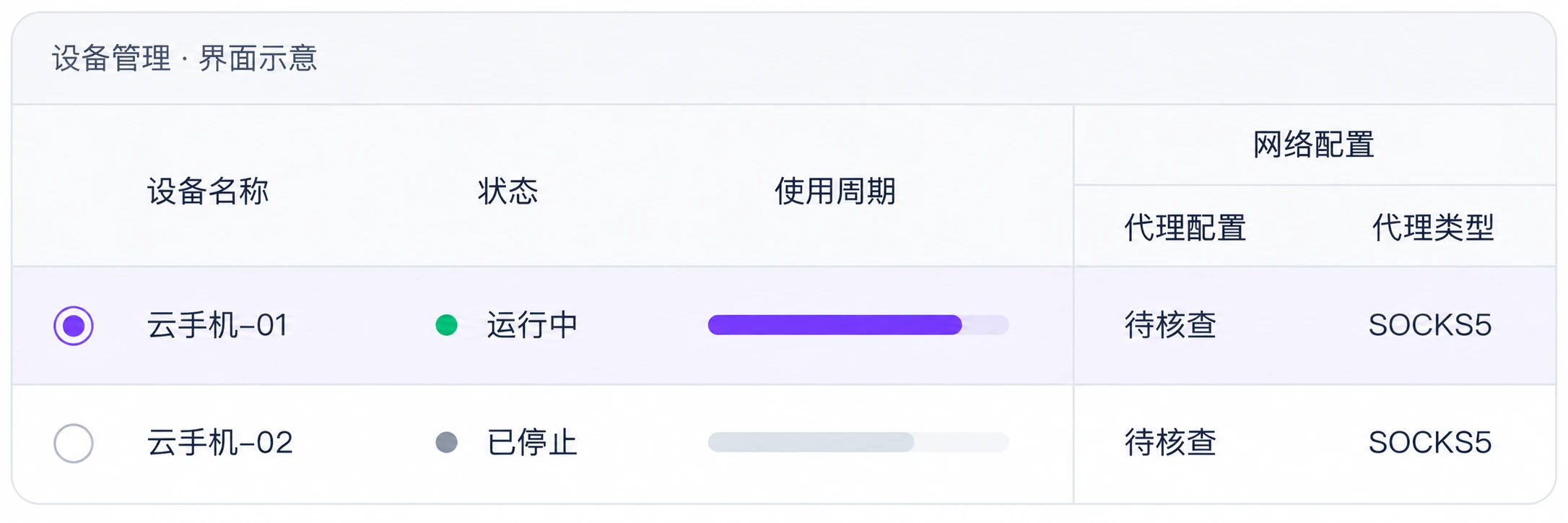 设备与网络管理界面示意:设备状态、使用周期、SOCKS5 代理类型及待核查的配置状态。